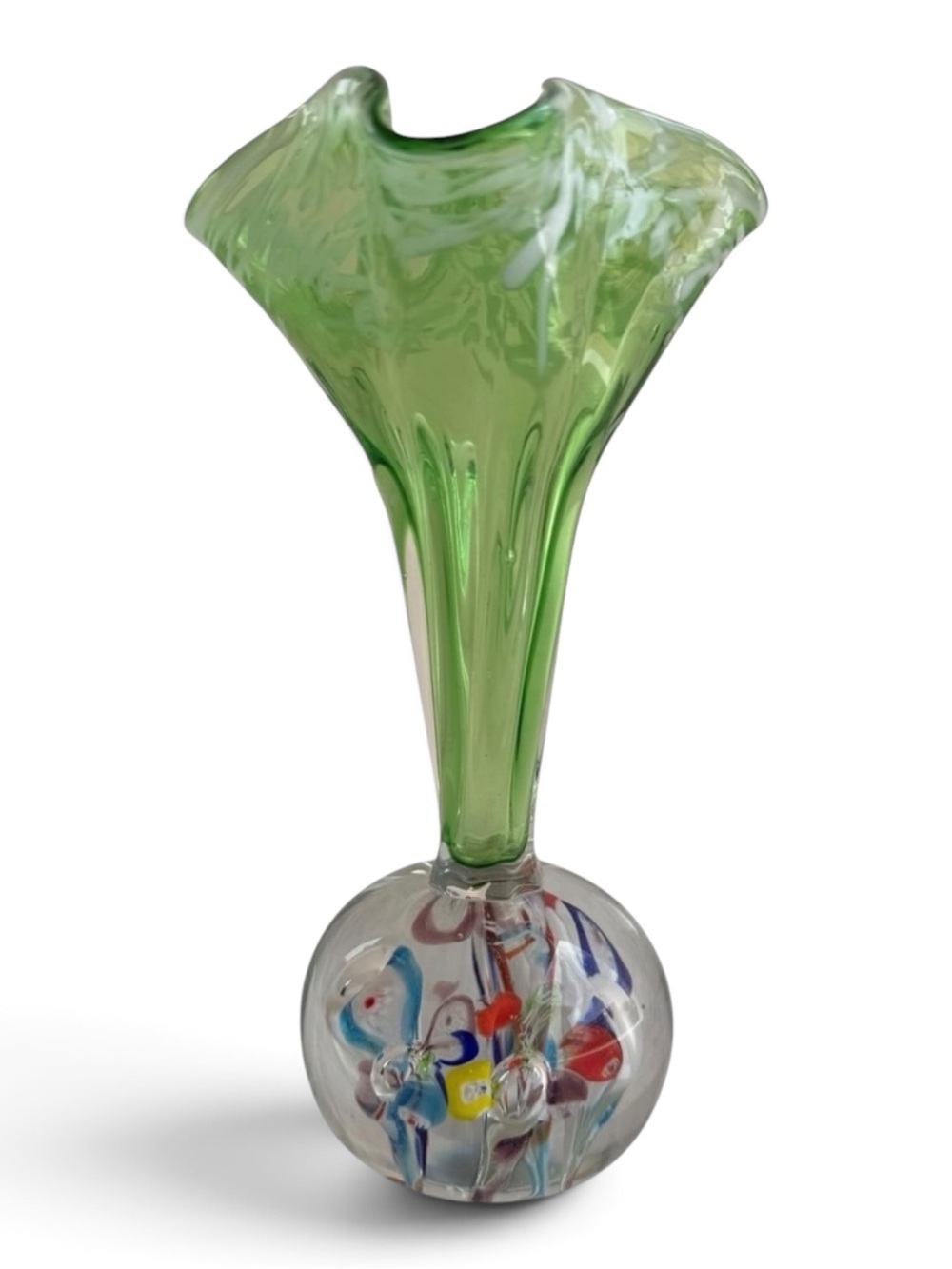 Vintage Murano Style Handkerchief Art Glass Bud Vase Millefiori Paperweight 7”